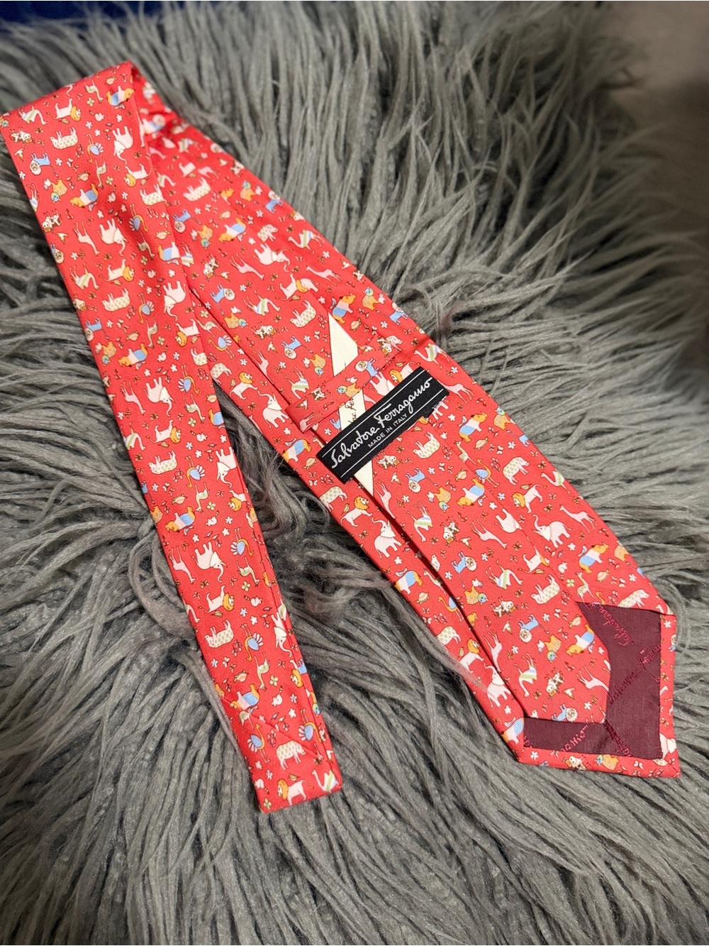 Salvatore Ferragamo Coral Red Animal Pattern Silk Tie for Men